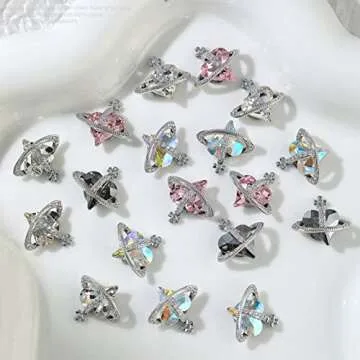 3D Nail Charms, 20pcs Heart Planet Nail Art Rhinestones Shiny Heart Shape Nail Art Diamond Crystal J...