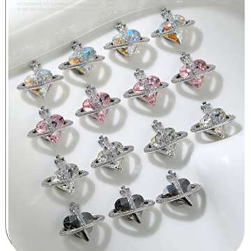 3D Nail Charms, 20pcs Heart Planet Nail Art Rhinestones Shiny Heart Shape Nail Art Diamond Crystal Jewels for Nail Decorations, DIY Nail Art Design Supplies for Women and Girls