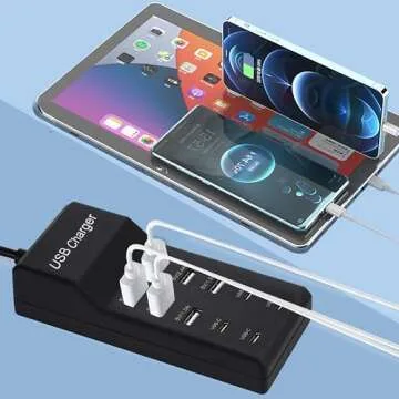 Wyssay USB Charger,50W USB Charging Station with 10-Port (6 USB-A Port & 4 USB-C Port) Compatible with iPhone 15/14/13/12/11/X/8/7/6 Phones, Watch,Tablets, Smartphones Black