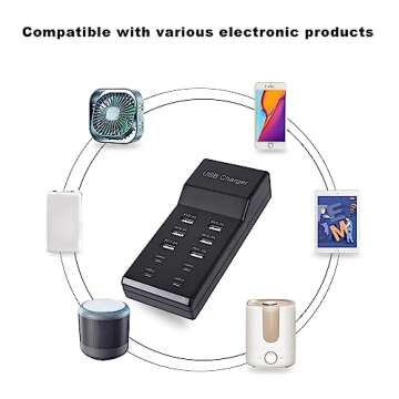 Wyssay USB Charger,50W USB Charging Station with 10-Port (6 USB-A Port & 4 USB-C Port) Compatible with iPhone 15/14/13/12/11/X/8/7/6 Phones, Watch,Tablets, Smartphones Black