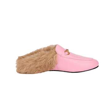 Arqa Fur Mules for Women Comfortable Leather Buckle Mule Flats Furry Padded Backless Loafers Casual Slides Shoes