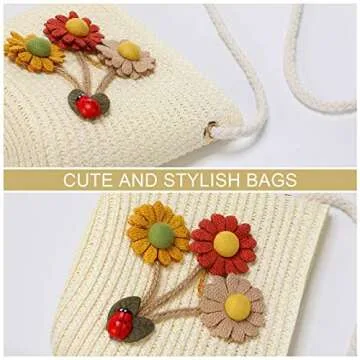 Weewooday 5 Pieces Little Girls Straw Purses Sunflower Straw Shoulder Crossbody Bag Cute Straw Shoulder Bag Girlish Woven Bag for Girls Outdoor Activities, 5 Styles