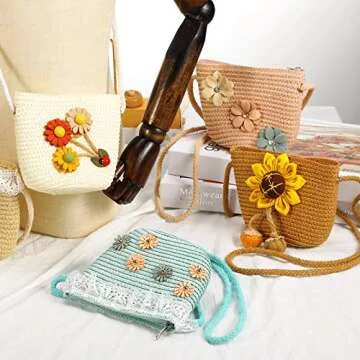 Weewooday 5 Pieces Little Girls Straw Purses Sunflower Straw Shoulder Crossbody Bag Cute Straw Shoulder Bag Girlish Woven Bag for Girls Outdoor Activities, 5 Styles