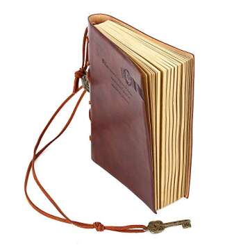 EvZ Leather Writing Journal Notebook, Classic Key Bound Retro Vintage Notebook Diary Sketchbook Gifts with Unlined Travel Journals to Write in for Girls and Boys Notepad Guest Book, Dark Coffee