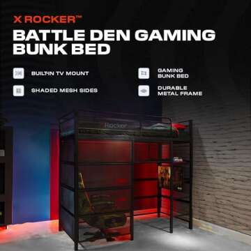 X Rocker Battle Den Twin Size Gaming Bunk Bed, Metal Frame with Grid Mesh Sides, High Sleeper, Fixed Ladder, Black