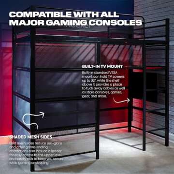 X Rocker Battle Den Twin Size Gaming Bunk Bed, Metal Frame with Grid Mesh Sides, High Sleeper, Fixed Ladder, Black