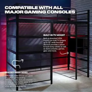 X Rocker Battle Den Twin Size Gaming Bunk Bed, Metal Frame with Grid Mesh Sides, High Sleeper, Fixed Ladder, Black