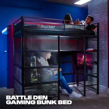 X Rocker Battle Den Twin Size Gaming Bunk Bed, Metal Frame with Grid Mesh Sides, High Sleeper, Fixed Ladder, Black