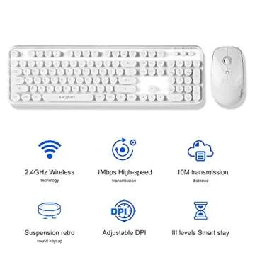 Wireless Keyboard Mouse Combo, 2.4GHz White Wireless Keyboard Typewriter, Letton Full Size Office Computer Retro Keyboard and Optical Cute Mouse with 3 DPI for Mac PC Desktop Laptop