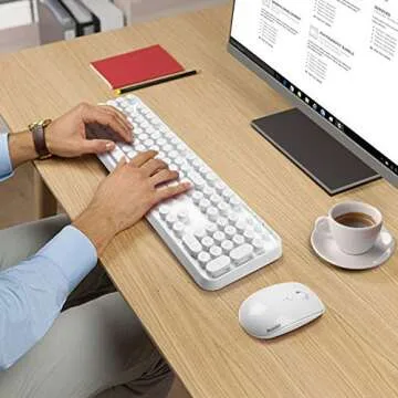Wireless Keyboard Mouse Combo, 2.4GHz White Wireless Keyboard Typewriter, Letton Full Size Office Computer Retro Keyboard and Optical Cute Mouse with 3 DPI for Mac PC Desktop Laptop