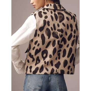 LifeShe Leopard Flannel Vest Women Casual Cheetah Sleeveless Blazer Winter Button Down Jacket with Pockets