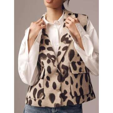 LifeShe Leopard Flannel Vest Women Casual Cheetah Sleeveless Blazer Winter Button Down Jacket with Pockets
