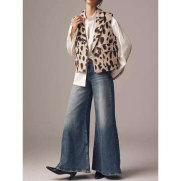 LifeShe Leopard Flannel Vest Women Casual Cheetah Sleeveless Blazer Winter Button Down Jacket with Pockets