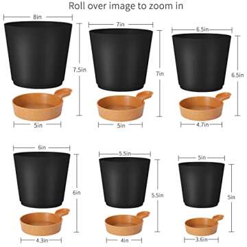 GARDIFE Plant Pots 8/7/6.5/6/5.5/5 Inch Self Watering Planters with Drainage Hole, Plastic Flower Pots, Nursery Planting Pot for All House Plants, African Violet, Flowers, and Cactus,Black