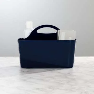 mDesign Small Plastic Shower/Bath Storage Organizer Caddy Tote with Handle for Dorm, Shelf, Cabinet - Hold Soap, Shampoo, Conditioner, Combs, Brushes, Lumiere Collection, Navy Blue