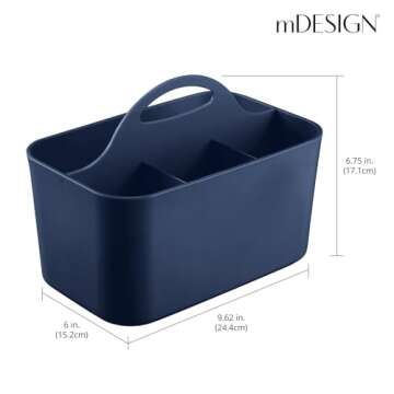 mDesign Small Plastic Shower/Bath Storage Organizer Caddy Tote with Handle for Dorm, Shelf, Cabinet - Hold Soap, Shampoo, Conditioner, Combs, Brushes, Lumiere Collection, Navy Blue