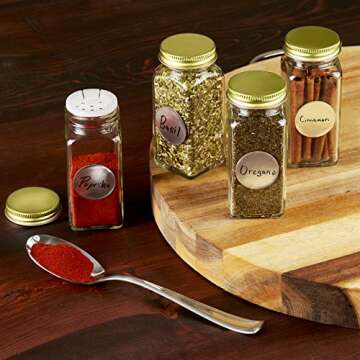 SpiceLuxe Premium Spice Jar Set -12 Square Glass 4 oz Spice Bottles, 72 Deluxe Labels, 12 Shaker Tops, Gold Steel Caps and No Clog Wide Spice Funnel