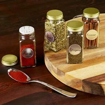 SpiceLuxe Premium Spice Jar Set -12 Square Glass 4 oz Spice Bottles, 72 Deluxe Labels, 12 Shaker Tops, Gold Steel Caps and No Clog Wide Spice Funnel