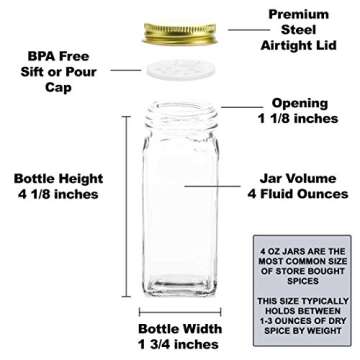 SpiceLuxe Premium Spice Jar Set -12 Square Glass 4 oz Spice Bottles, 72 Deluxe Labels, 12 Shaker Tops, Gold Steel Caps and No Clog Wide Spice Funnel