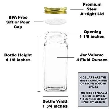 SpiceLuxe Premium Spice Jar Set -12 Square Glass 4 oz Spice Bottles, 72 Deluxe Labels, 12 Shaker Tops, Gold Steel Caps and No Clog Wide Spice Funnel