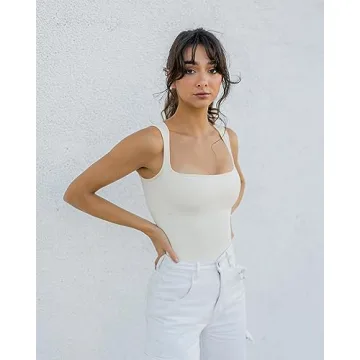 SUUKSESS Women's Ribbed Square Neck Bodysuit with Tummy Control