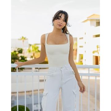 SUUKSESS Women's Ribbed Square Neck Bodysuit with Tummy Control