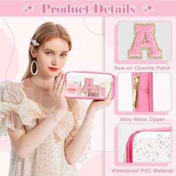 UIXIZQ Personalized Initial Letter Clear Makeup Bag,Preppy Small Nylon&PVC Cosmetic Zipper Bag with Chenille Letter,Travel Skincare Toiletry Bag,Monogram Christmas Gift for Teen Girls Women,A