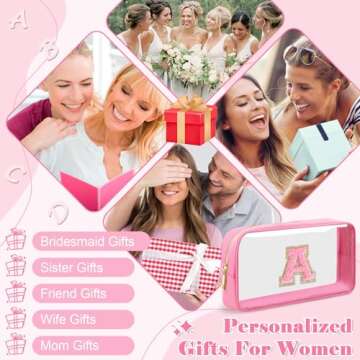 UIXIZQ Personalized Initial Letter Clear Makeup Bag,Preppy Small Nylon&PVC Cosmetic Zipper Bag with Chenille Letter,Travel Skincare Toiletry Bag,Monogram Christmas Gift for Teen Girls Women,A
