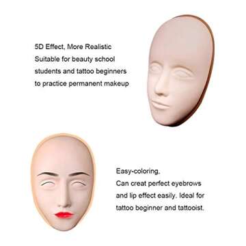 Healthcom 3 Pcs 5D Facial Tattoo Skin Practice Head Silicone Fake Facial Training Skin with 1 Support Base Eyebrow Eyeliner Lips Model Microblading Permanent Makeup for Beginners and Artists