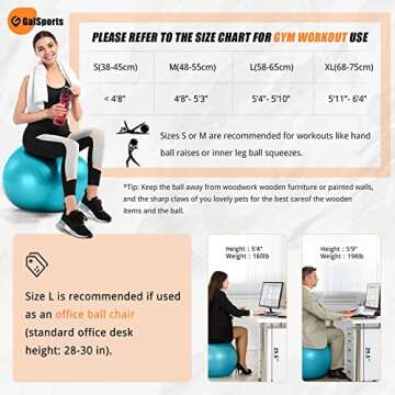 GalSports Exercise Ball (45cm-75cm), Yoga Ball Chair with Quick Pump, Stability Fitness Ball for Core Strength Training & Physical Therapy