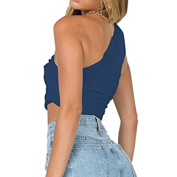 LYANER Sexy One Shoulder Crop Top - Navy Cami Tank