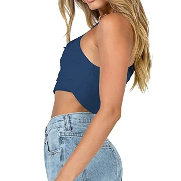 LYANER Sexy One Shoulder Crop Top - Navy Cami Tank