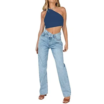 LYANER Sexy One Shoulder Crop Top - Navy Cami Tank