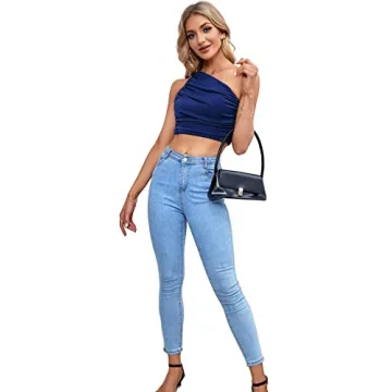 LYANER Sexy One Shoulder Crop Top - Navy Cami Tank