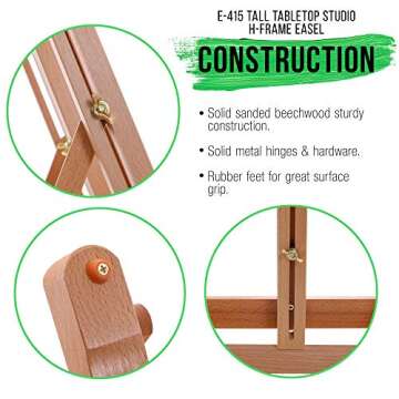 U.S. Art Supply Medium Tabletop Wooden H-Frame Studio Easel - Artists Adjustable Beechwood Painting and Display Easel, Holds Up To 27" Canvas, Portable Sturdy Table Desktop Holder Stand - Paint Sketch