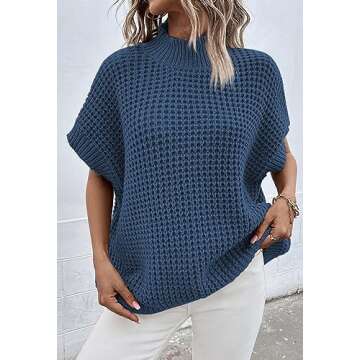 Pink Queen Oversized Sweaters for Women Batwing Short Sleeve Oversized Knit Top Pullover Sweater Vest Dark Blue L