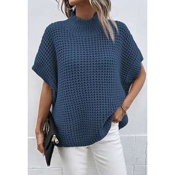 Pink Queen Oversized Sweaters for Women Batwing Short Sleeve Oversized Knit Top Pullover Sweater Vest Dark Blue L