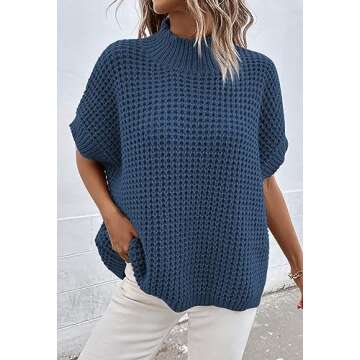 Pink Queen Oversized Sweaters for Women Batwing Short Sleeve Oversized Knit Top Pullover Sweater Vest Dark Blue L