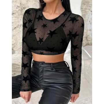 Avidlove Long Sleeve Black Shimmer Mesh Crop Top