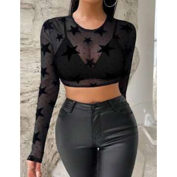 Avidlove Long Sleeve Black Mesh Crop Top for Women
