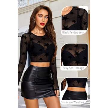 Avidlove Long Sleeve Black Mesh Crop Top for Women