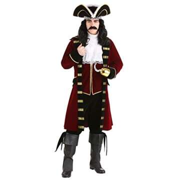 Adult Deluxe Captain Hook Costume Mens, Maroon Fancy Pirate Neverland Halloween Outfit