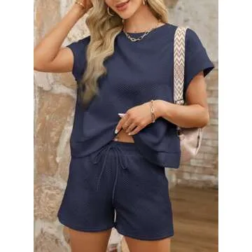 Dokotoo Lounge Sets For Women Comfy Two Piece Set Crewneck Short Workout Track Suits Womens Fall Fashion Cruise Outfits For Women 2025 Teen Girls Pajamas Shorts Navy Blue Medium