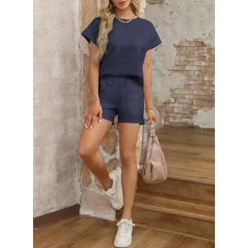 Dokotoo Lounge Sets For Women Comfy Two Piece Set Crewneck Short Workout Track Suits Womens Fall Fashion Cruise Outfits For Women 2025 Teen Girls Pajamas Shorts Navy Blue Medium