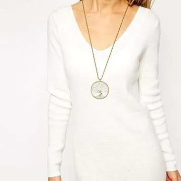 AeraVida Simulated Clear Moonstone Eternal Tree of Life Brass Beads Long Necklace