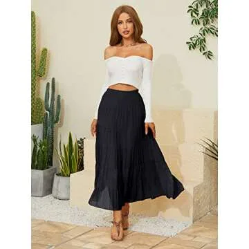NASHALYLY Women's Chiffon Elastic High Waist Pleated A-Line Flared Maxi Skirts(Black,L)