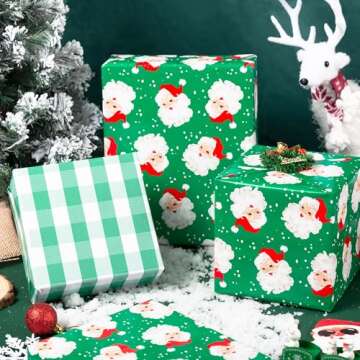 Vnaaem Green Santa Wrapping Paper - Mini Roll - 17 Inches X 33 Feet - for Girls Boys Kids Men Women - Vintage Christmas Pattern Great for Holiday Birthday, Party, Baby Shower