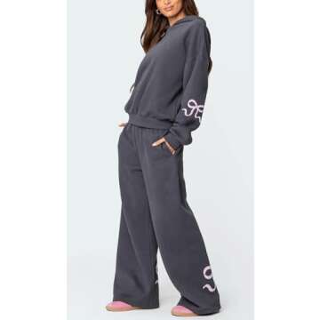 Pivanzore Bow Print Sweat Set for Women Two Piece Tracksuit Long Sleeve Oversized Hoodie Wide Leg Sweatpants 2 Piece Outfits (Dark Gary, S)