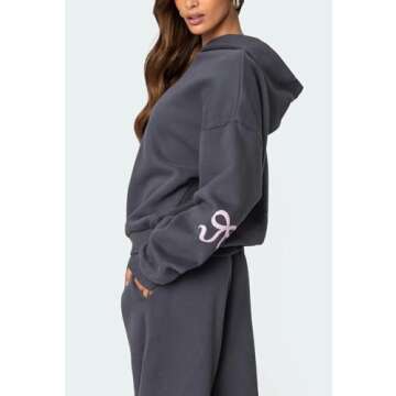 Pivanzore Bow Print Sweat Set for Women Two Piece Tracksuit Long Sleeve Oversized Hoodie Wide Leg Sweatpants 2 Piece Outfits (Dark Gary, S)