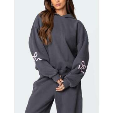 Pivanzore Bow Print Sweat Set for Women Two Piece Tracksuit Long Sleeve Oversized Hoodie Wide Leg Sweatpants 2 Piece Outfits (Dark Gary, S)